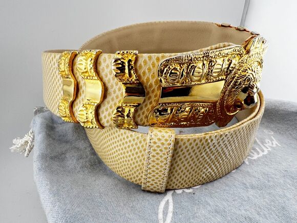 Vtg Judith Leiber Karung Snakeskin Leather Statement Belt Gold Lion Buckle w/Box main image 6